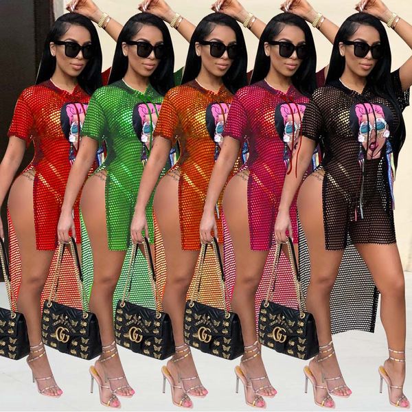 

S-3XL Short Sleeve Sexy Mesh Irregular Print Midi Dress Prom Evening Night Club Dresses