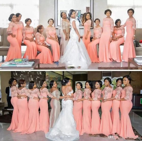 

Arabic African Coral Long Bridesmaid Dresses with Half Sleeves Plus Size Lace Mermaid Wedding Guest Party Dress Bridesmaid Dresses