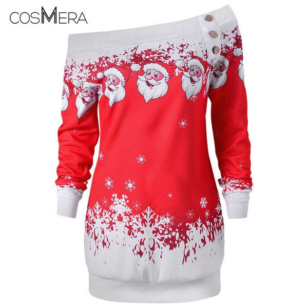 

cosmera t shirt women skew neck long sleeve christmas tees santa claus t-shirt female 2018 autumn pullover off shoulder top, White