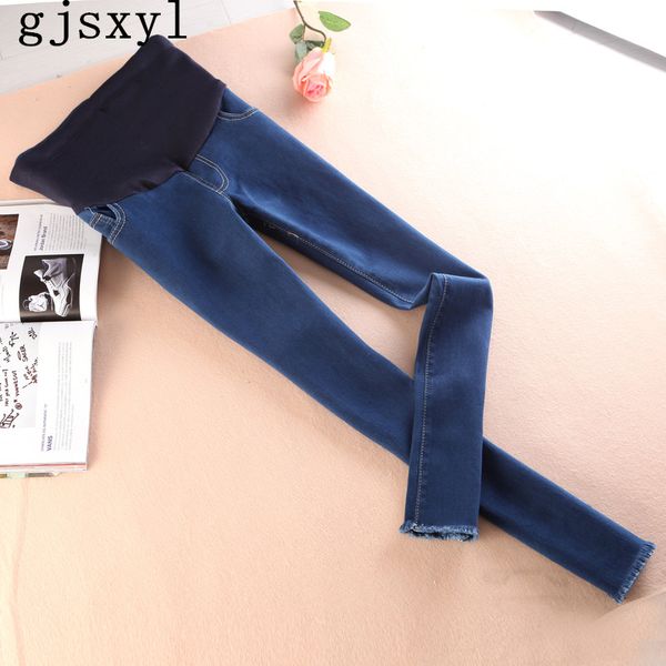 

gjsxyl 2018 autumn new maternity clothes fashion slim thin pants feet pregnant women feet jeans stomach lift trousers, White