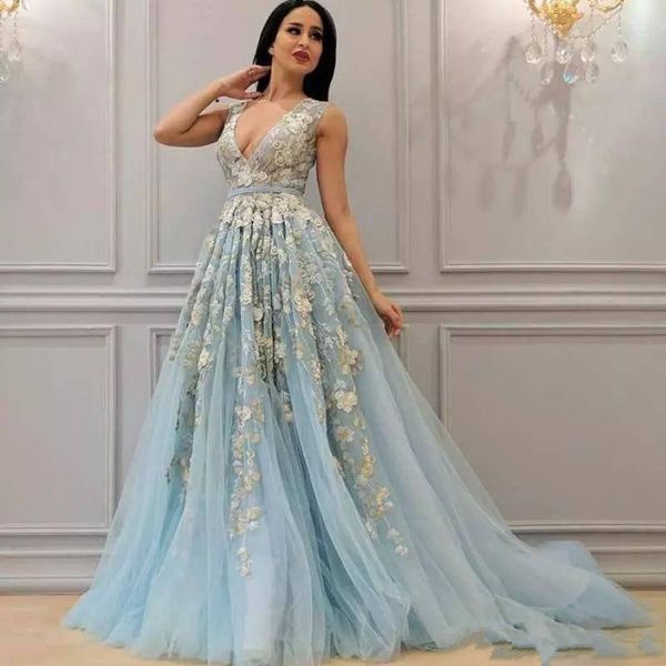 

prom dresses with deep v neck lace appliques sash formal abendkleider sweep train zipper party elegant evening formal dresses 2018, Black