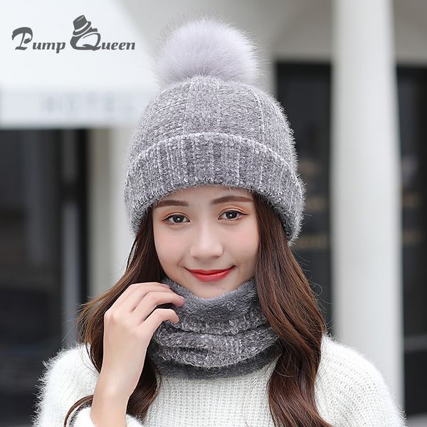 

pump queen winter fur pompom knitted hat women scarf caps mask gorras bonnet warm winter hats for girls skullies beanies hats, Blue;gray