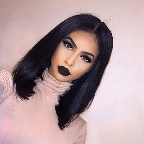 

fashion black short bob straight wigs with baby hair natural color brazilian human hair 150% density long part lace front wigs for women, Black;brown