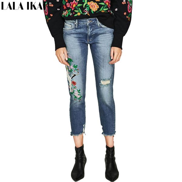 

lala ikai boyfriend denim pants women distress destroyed jeans females ankle length hole embroidery trousers ladies kwa0572-45, Blue