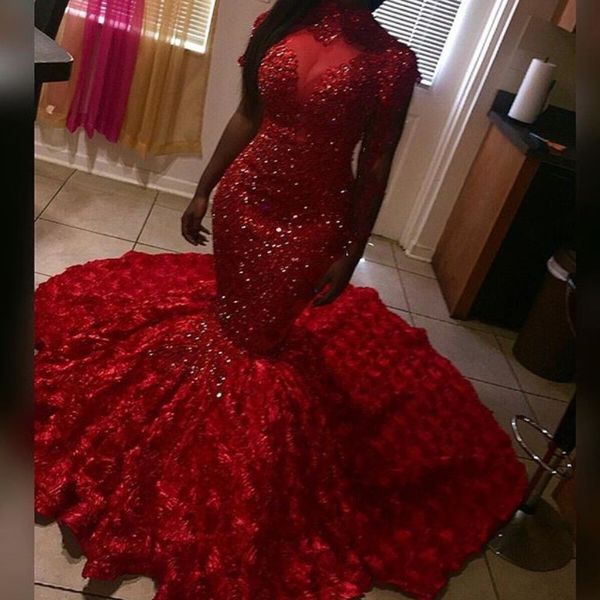 

gorgeous luxury rose prom dresses high neck sequins beads lace applique short sleeve mermaid prom dress 2018 fashion vestidos de fiesta, Black