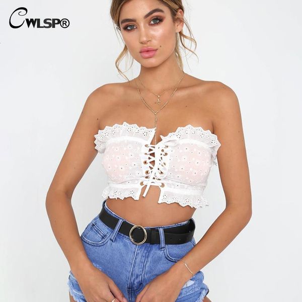 

cwlsp front tie hollow out tube lace up summer cropped white short t shirt ruched beach tank women blusa ql3688