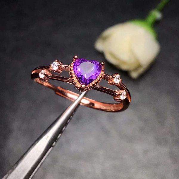 

love heart ring natural real amethyst ring 925 sterling silver 5mm gemstone for men or women rings fine jewelry, Golden;silver