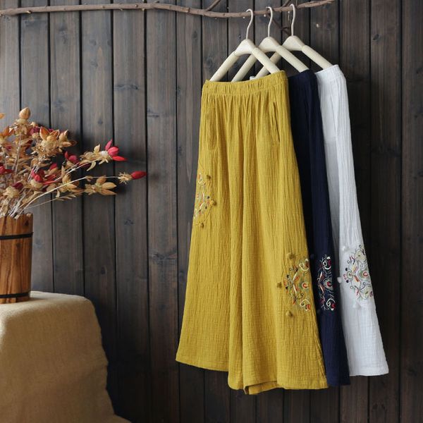 

national style wide leg pants pocket elastic waist cotton linen pants mori girl 2018 new, Black;white