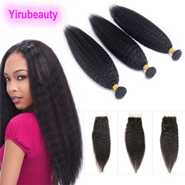 

indian bundles with lace closure yaki straight human hair extensions kinky straight 3 bundles with 4 x 4 closure baby hair, Black;brown