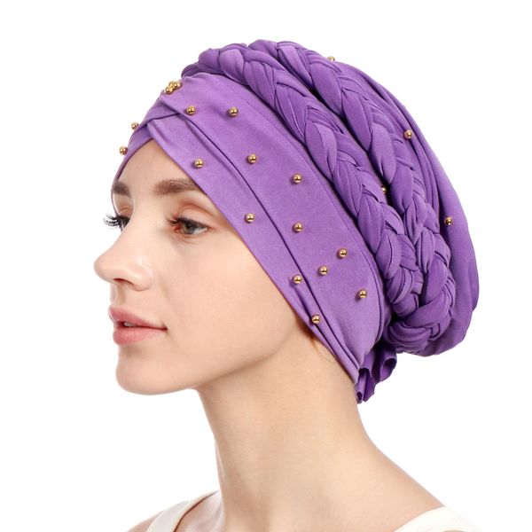 

women fashion braid knot turban hats golden beads women muslim scarf hijabs inner hijabs hats hair loss hair accessories, Red