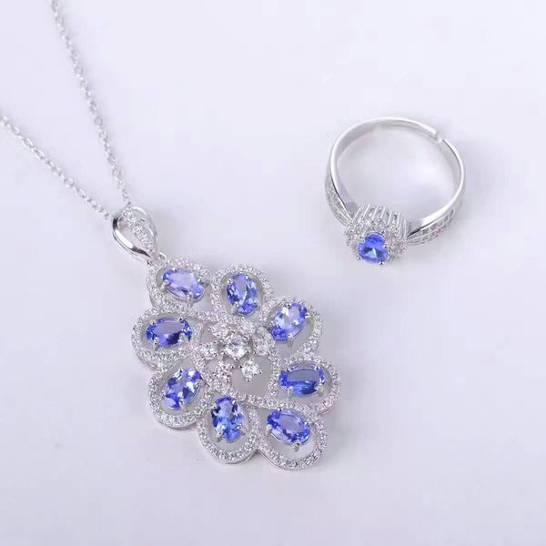 

natural blue tanzanite gem jewelry sets natural gemstone pendant ring 925 silver luxurious round flower women party fine jewelry, Black