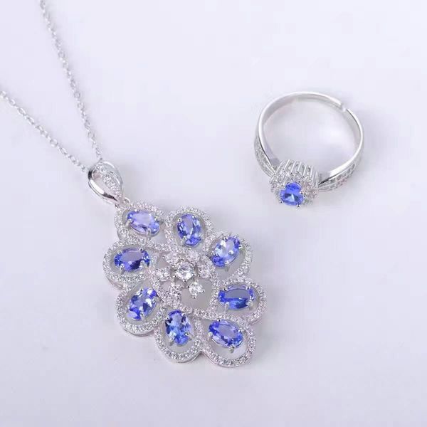 

natural blue tanzanite gem jewelry sets natural gemstone pendant ring 925 silver luxurious round flower women party fine jewelry, Black