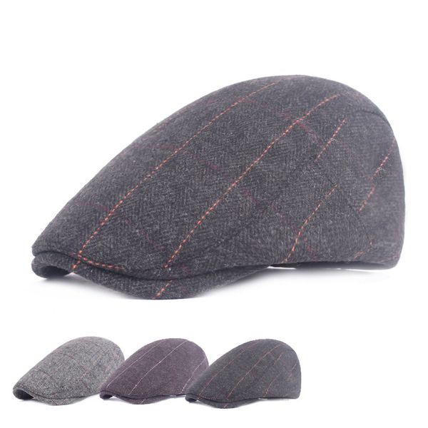

vintage wool flat berets caps for men print striped beret hat winter thick warm casual peaked caps, Blue;gray