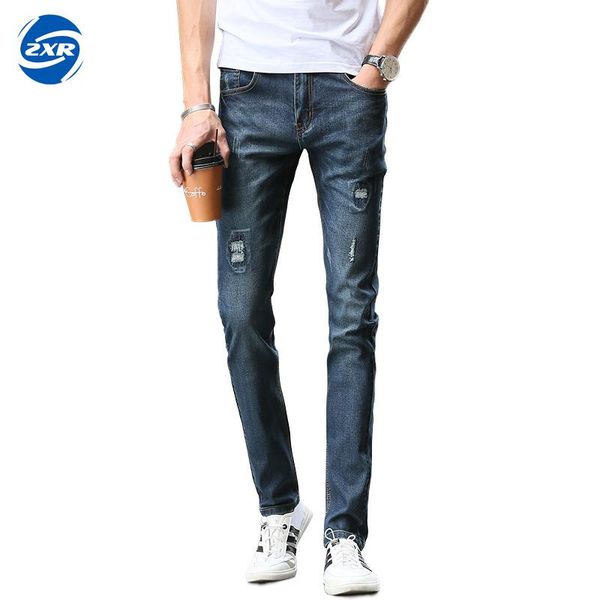 

blue cotton hole men's denim jeans slim casual pants spandex trousers men torn ripped biker jeans skinny