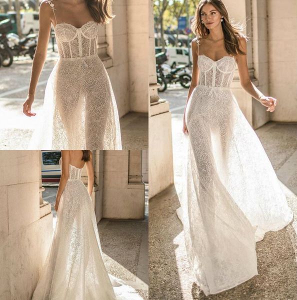 Muse by Berta 2019 Свадебные платья Спагетти Полное кружевное свадебное платье Пляж Boho Простое увидеть через свадебное платье скромное