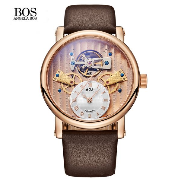 

relogios homens bos men's skeleton automatic self wind mechanical watch waterproof stainless steel case calfskin band white dial, Slivery;brown