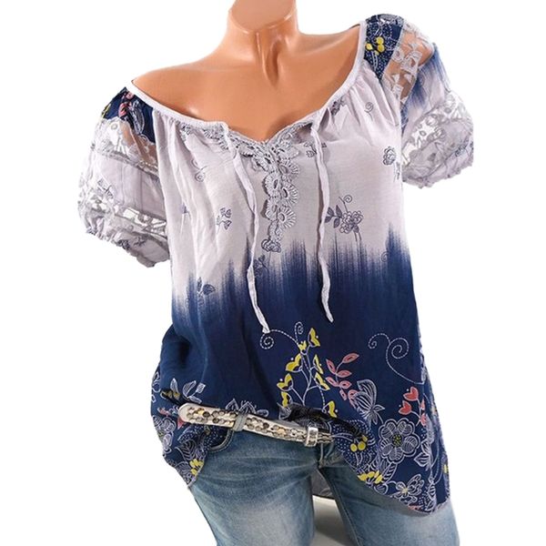 

5xl plus size women hollow out lace splice blouse summer clothes v neck tie bow print bohemian floral blouses & shirts ws6922w, White