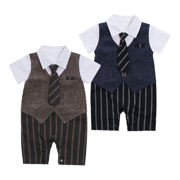 

2018 fashion toddler baby boys gentleman formal suit one-piece short sleeves striped pattern romper jumpsuit with tie, Blue