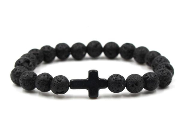 

8mm black lava natural volcanic stone bracelet for women vintage design cross stone strand bangles cuff bracelet party jewelry, Golden;silver