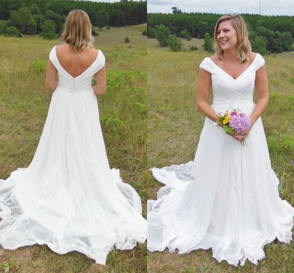 

robe de mariée страна свадебные платья 2019 с плеча спинки развертки поезд драпированные шифон сад пляж свадебные платья плюс размер, White