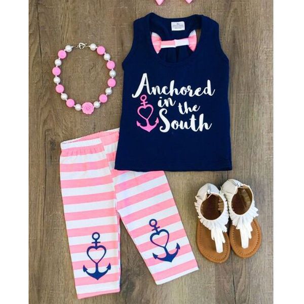 2018 sommer Mädchen Kleidung Sets Baby Mädchen Outfits Kinder Tank Top Marineblau T-shirt + Rosa Gestreiften Hosen 2 stücke Set Kinder Kleidung