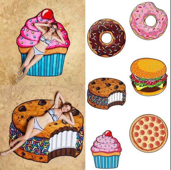 

Round 3D Print Beach Towel Cute Food Fruit Pattern Printed Towel Donuts Hamburgers Shawl Scarf OOA4704