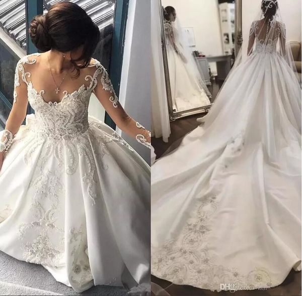 

2020 a line свадебные платья кружева аппликация из бисера часовня поезд sheer атласные свадебные платья с длинными рукавами свадебное платье, White