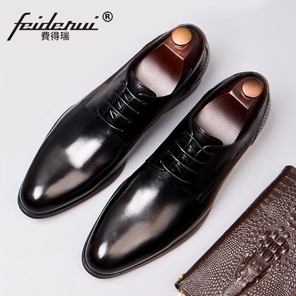 

british man formal dress carved derby shoes genuine leather handmade wedding party flats round toe men's brogue footwear ss363, Black