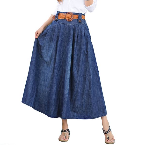 

women jeans skirt long skirts denim spring summer maxi skirts casual vintage button belt 2018 new fashion s-6xl brand, Black
