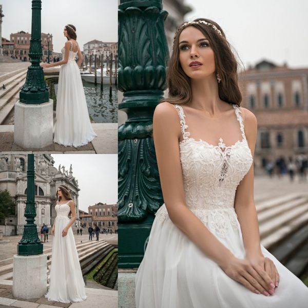 

bohemia 2018 beach chiffon a line wedding dresses sheer spaghetti neck lace bridal gowns sweep train boho vestido de novia, White