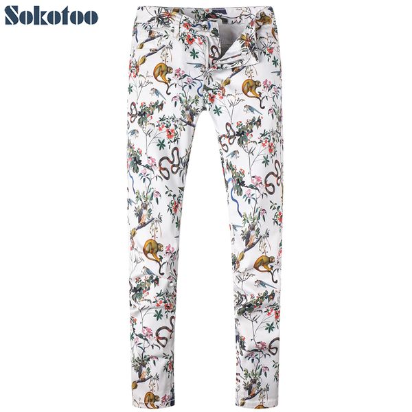

sokotoo men's fashion snake monkey animals print jeans casual colored painted white stretch denim pants, Blue