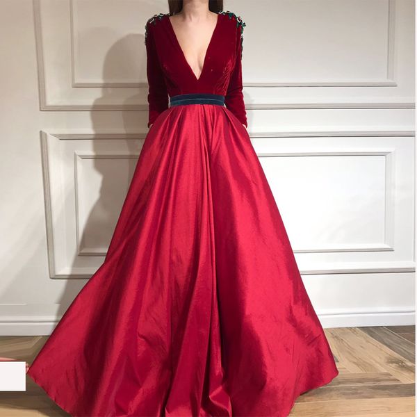 

elegant deep v-neck red velvet prom dresses long sleeve with beautiful crystal floor length zipper back a-line evening dress, Black