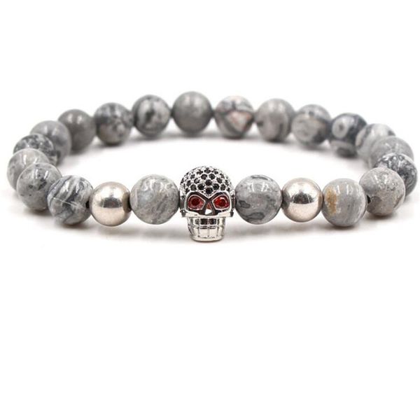 

new fashion skull cubic zirconia bracelets grey agate stone helmet bracelets elastic bangles for gift, Black