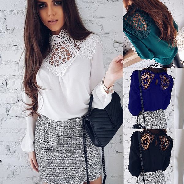 

Woman Casual Long Sleeved Chiffon Lace Panelled Patchwork Tops Blouse T-Shirt Ladies Jumper Shirt