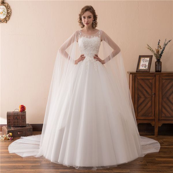 Elegante neue Kleider O-Ausschnitt mit Applikationen und Wrap A-Linie Tüll lange Hochzeit Braut Kleider für Frauen Brautkleider Kleider DH4239
