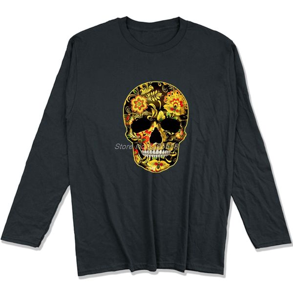 

flower skull t-shirts candy day of the dead mexico sugar skull gothic tee shirts men long sleeve cotton tshirt streetwear, White;black