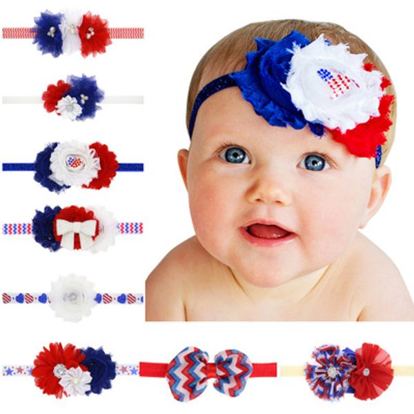 

pretty baby girls diamond flowers headbands red blue striped lace hair bows party infant american independence day hair accessories, Slivery;white
