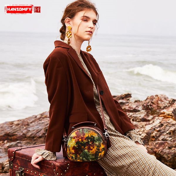 

2018 new original women handbags retro genuine leather round messenger bag handmade leather shoulder bag female small handbag