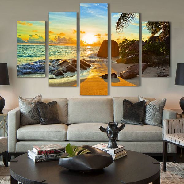 

modern home wall art decor frame modular canvas painting pictures hd print painting 5 panel ocean sunset beach seascape poster