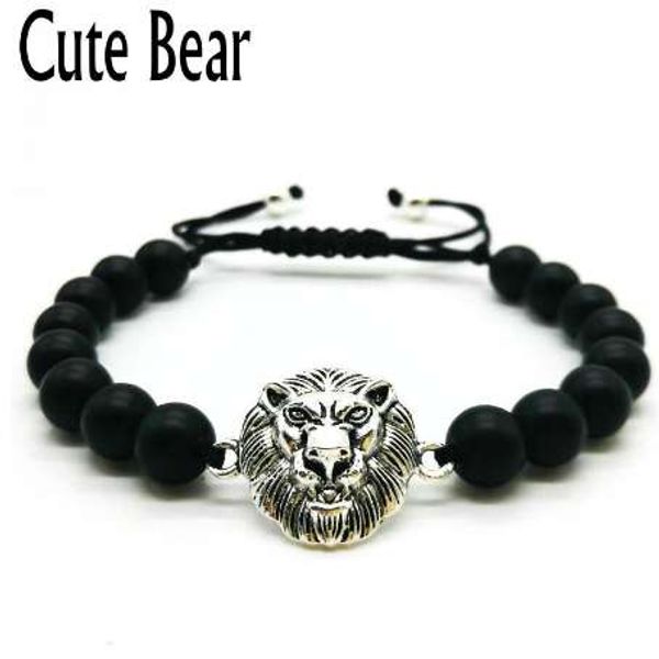 

cute bear antique silver lion head bracelet men black matte stone beaded bracelets fashion hip hop jewelry men bracelet pulseira