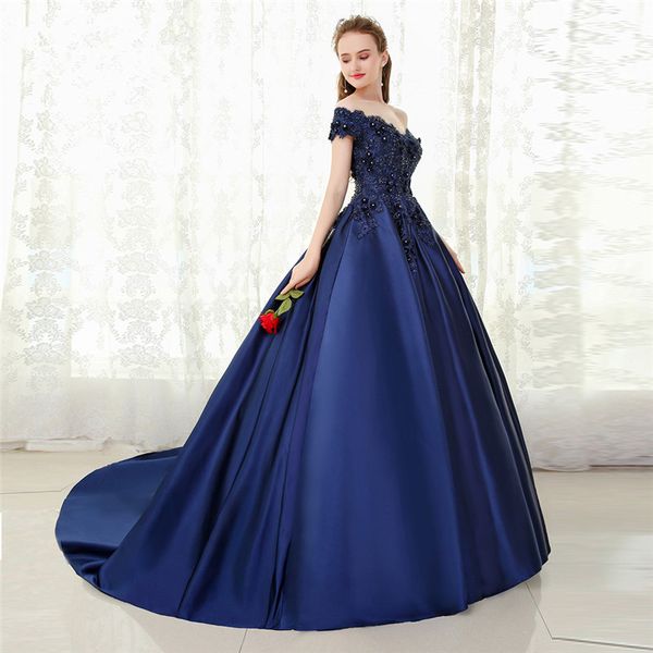 Blue Satin Prom Dresses Personalizzato Off Branelli Spalla Branelli Pizzo Sveglia Sweep Sweep Treno V Neck Ball Gown Party Gowns Robe de Mariée