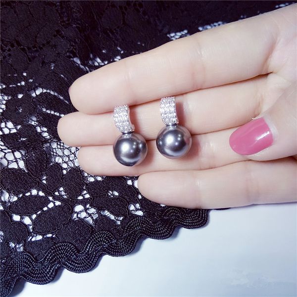 

s925 drop earrings for women gray freshwater pearls 9-10mm sterling silver rhinestone fine jewelry temperament vintage brincos, Golden;silver