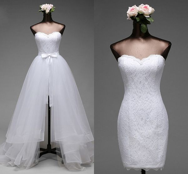 Vestidos de vestido de casamento de desconto de moda com trens destacáveis ​​lace tulle fita arcos espartilho back queretheart branco marfim barato