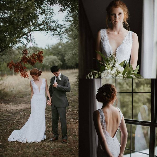 

summer boho mermaid wedding dress gorgeous deep v neck full lace backless bridal gowns for garden outdoor, White