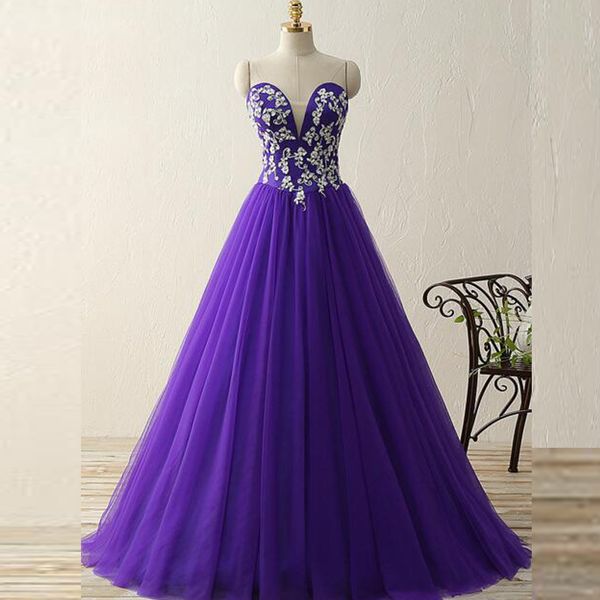 

2019 stunning prom dresses long formal dress a-line sweetheart sleeveless beaded appliqued lace-up back purple tulle evening gowns, Black