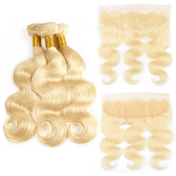 

#613 blonde full lace frontal with bundles body wave brazilian virgin human hair weave 3 bundles with 13*4 part lace frontal extension, Black;brown