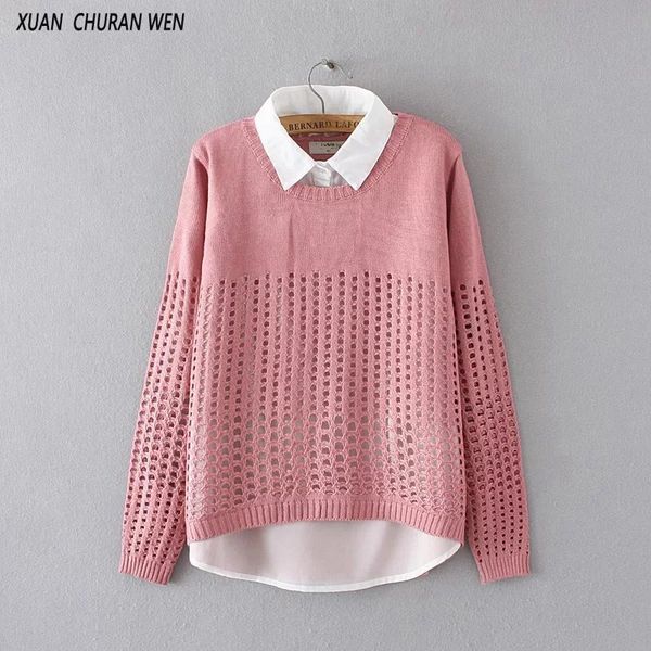 

xuanchuranwen new faux two piece shirt collar sweater long sleeve 2017 autumn pullovers women hollow out knitwear yy51, White;black
