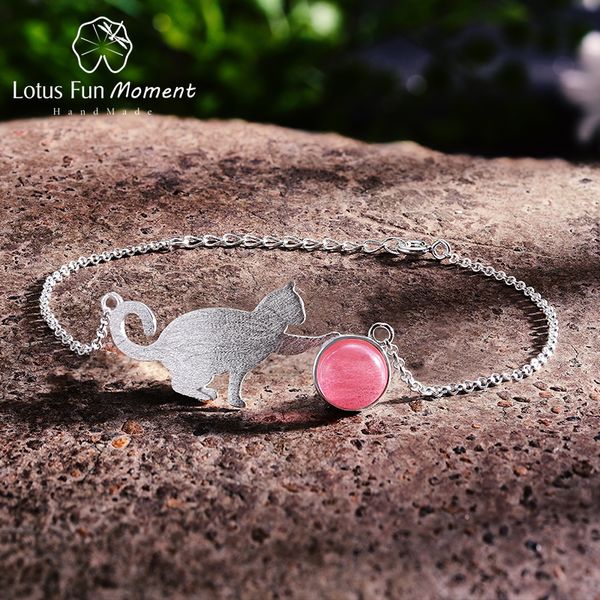 

lotus fun moment real 925 sterling silver natural stone cute bracelet 2018 fashion jewelry playing cat bracelets for women, Black