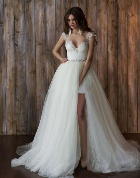 

High Low Lace Wedding Dresses Bridal Gowns Sexy Sheath Detachable Skirt Short In Front Long In Back Vintage with Cap Sleeves Beaded