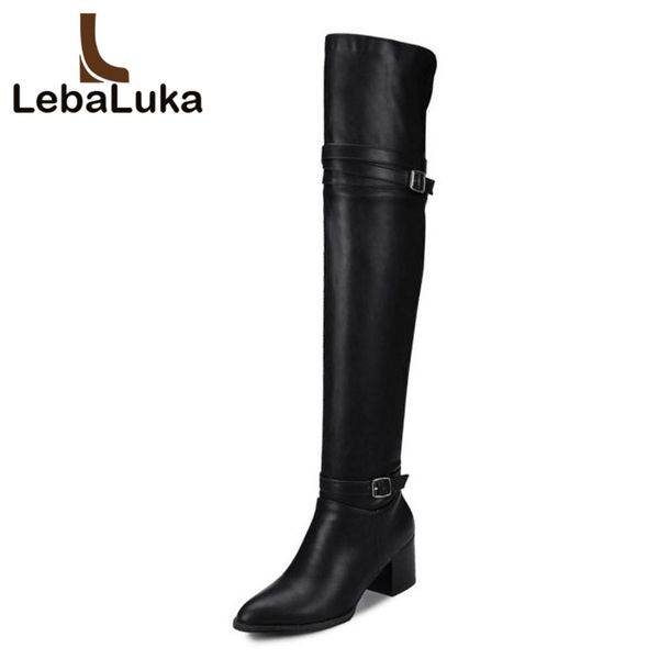 

lebaluka plus size 32-48 women warm high heel boots fashion buckle winter fur shoes women pointed toe thigh high boots, Black